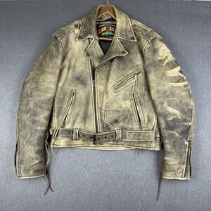 PLG Leather Jacket Biker Tan Belted Men Size M Distressed Grunge Faded Punk